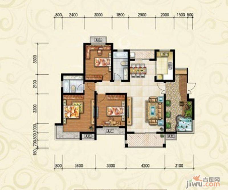 天瑞凤鸣花园3室2厅2卫134㎡户型图