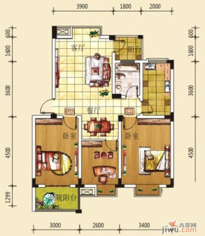 绿源聚龙湾3室2厅1卫88.6㎡户型图