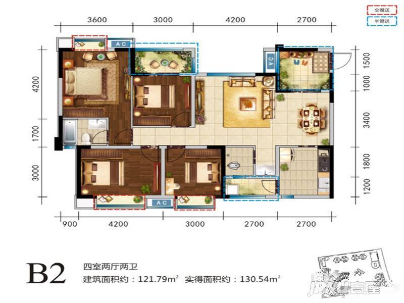 恩阳鸿锦茗城4室2厅2卫121.8㎡户型图