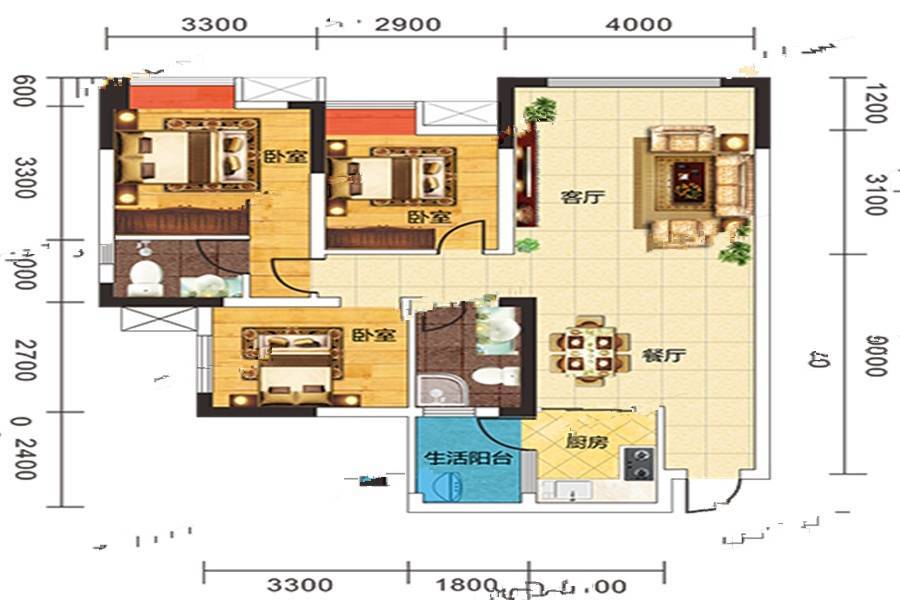 阳光巨林天下城3室2厅2卫100.4㎡户型图