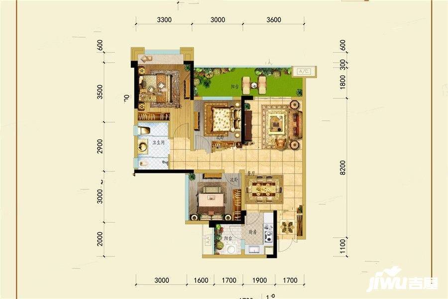 优筑城3室2厅1卫88.1㎡户型图