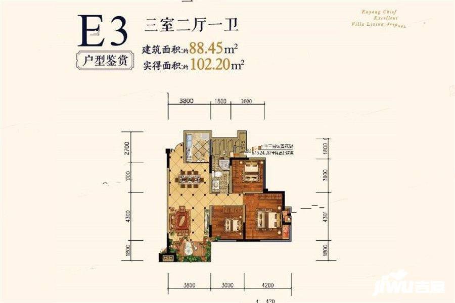 登科华府3室2厅1卫88.5㎡户型图