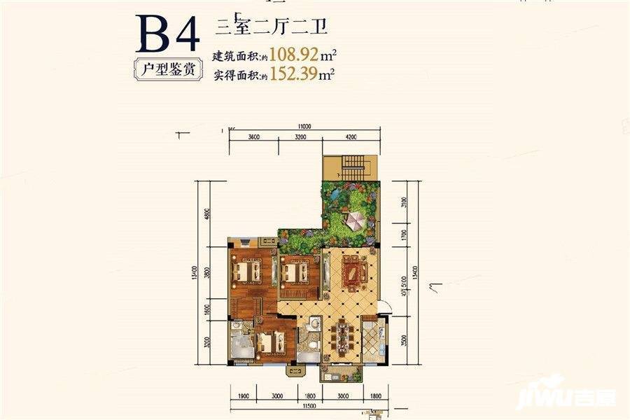 登科华府3室2厅2卫108.9㎡户型图