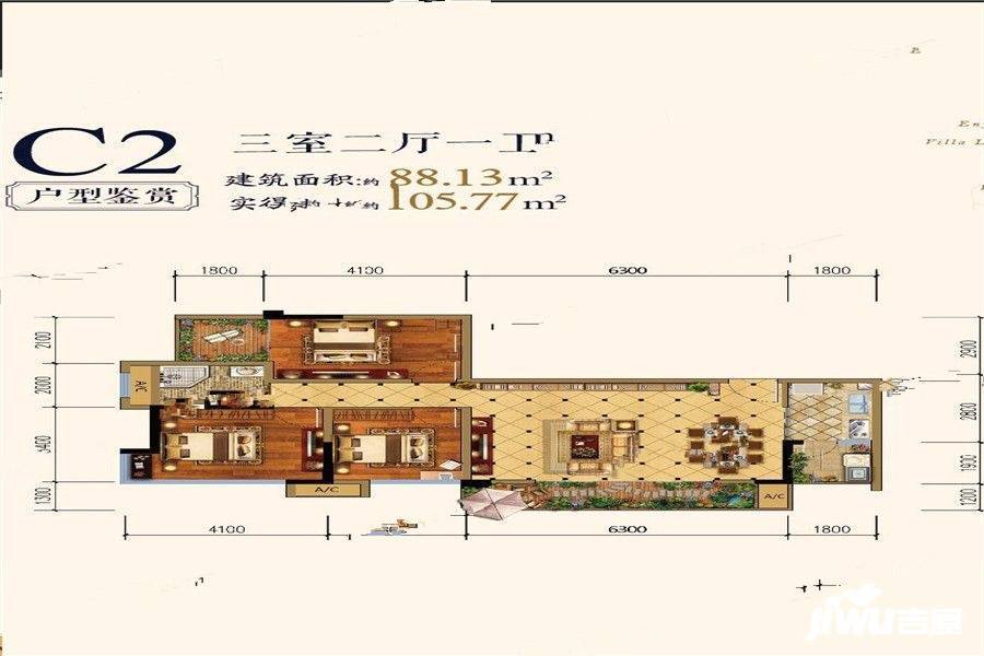 登科华府3室2厅1卫88.1㎡户型图