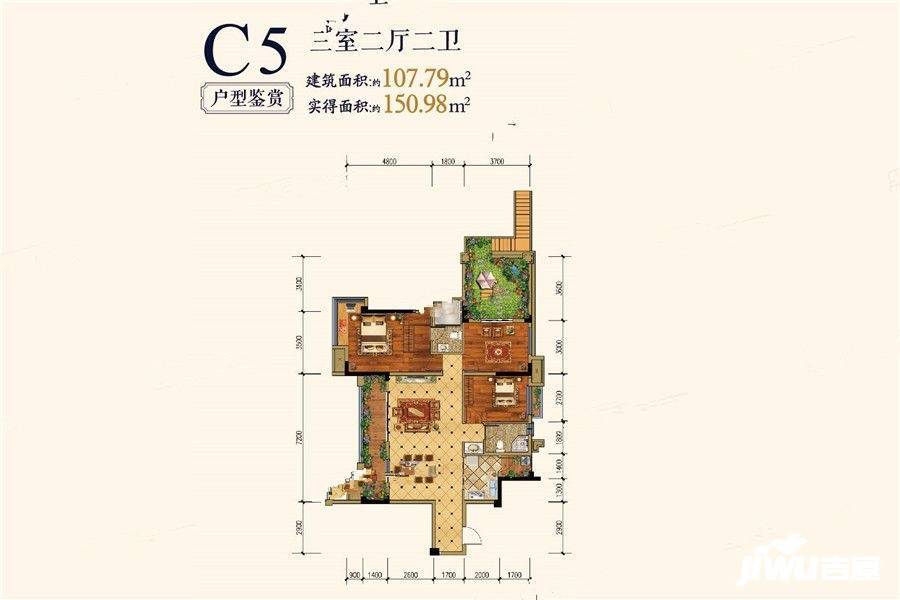 登科华府3室2厅2卫107.8㎡户型图