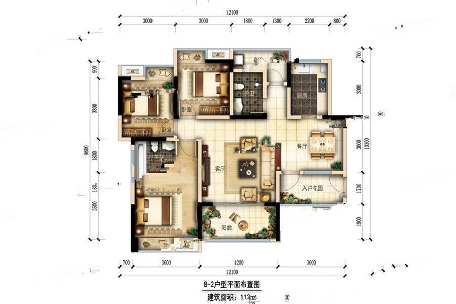 金佛金润城3室2厅2卫113㎡户型图