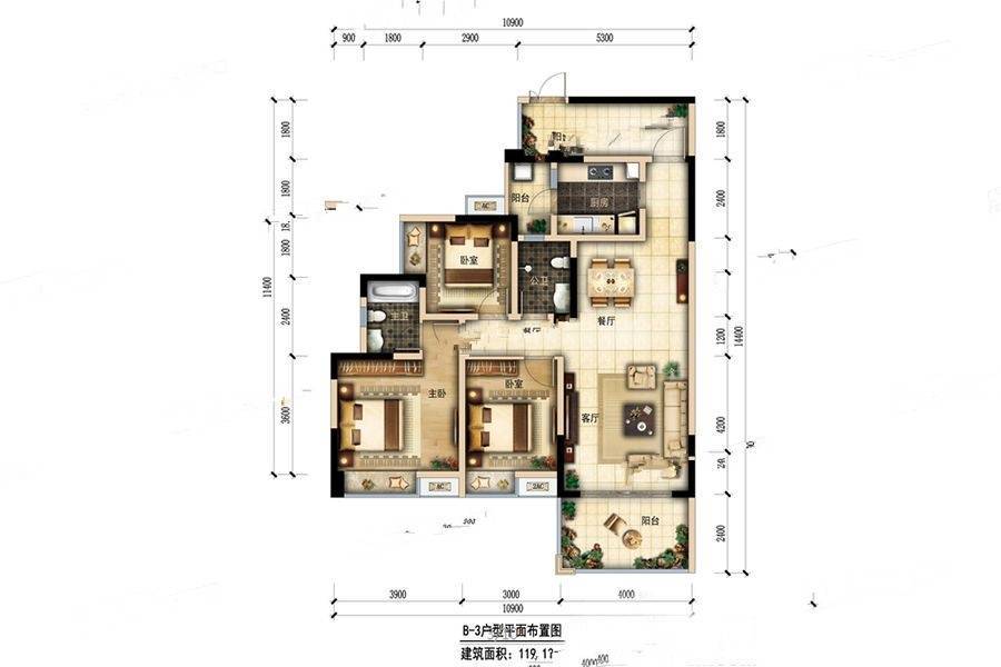 金佛金润城3室2厅2卫119.1㎡户型图