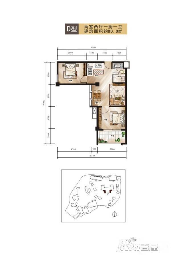 皇姑浴温泉商住公寓2室2厅1卫80㎡户型图