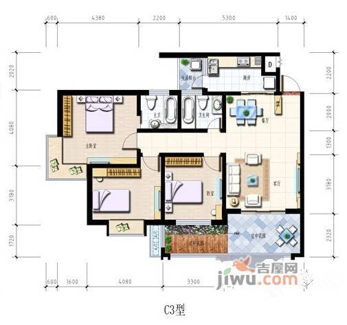 水岸花城3室2厅2卫115㎡户型图