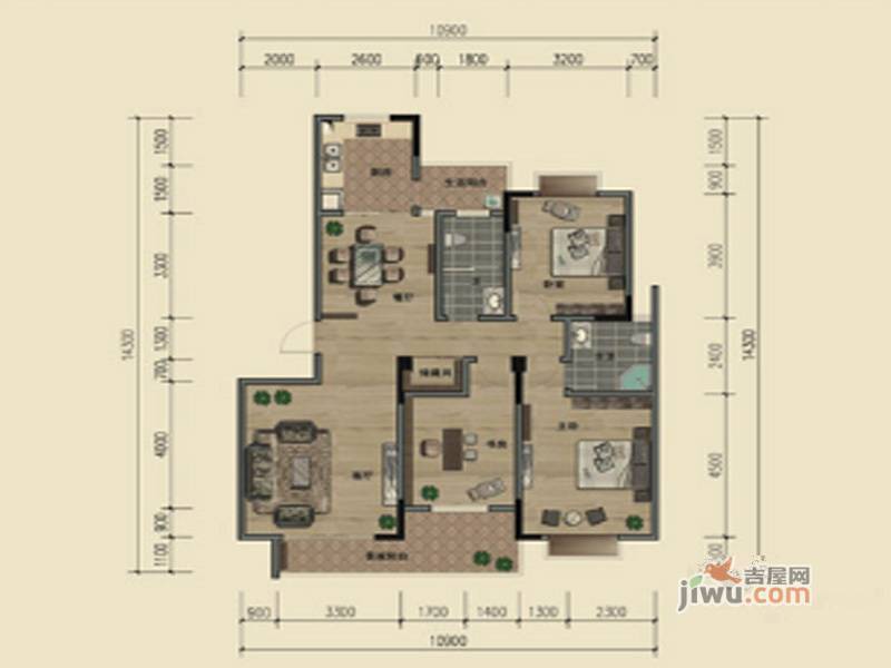 五景花苑3室2厅2卫129.2㎡户型图