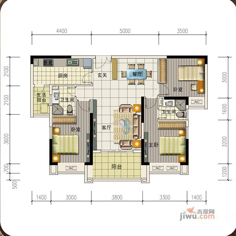 高科慧谷阳光3室2厅2卫115.3㎡户型图