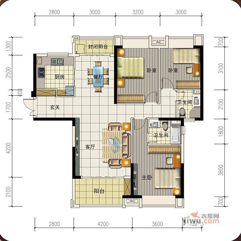 高科慧谷阳光3室2厅2卫136.7㎡户型图