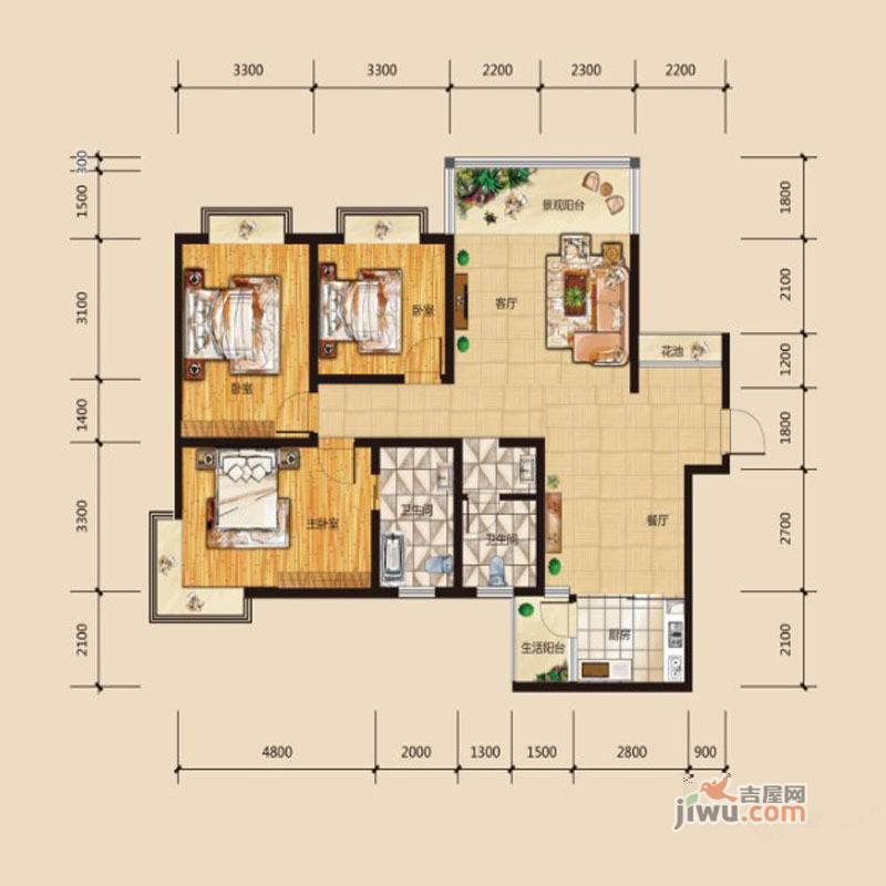 华府龙苑3室2厅2卫129.8㎡户型图