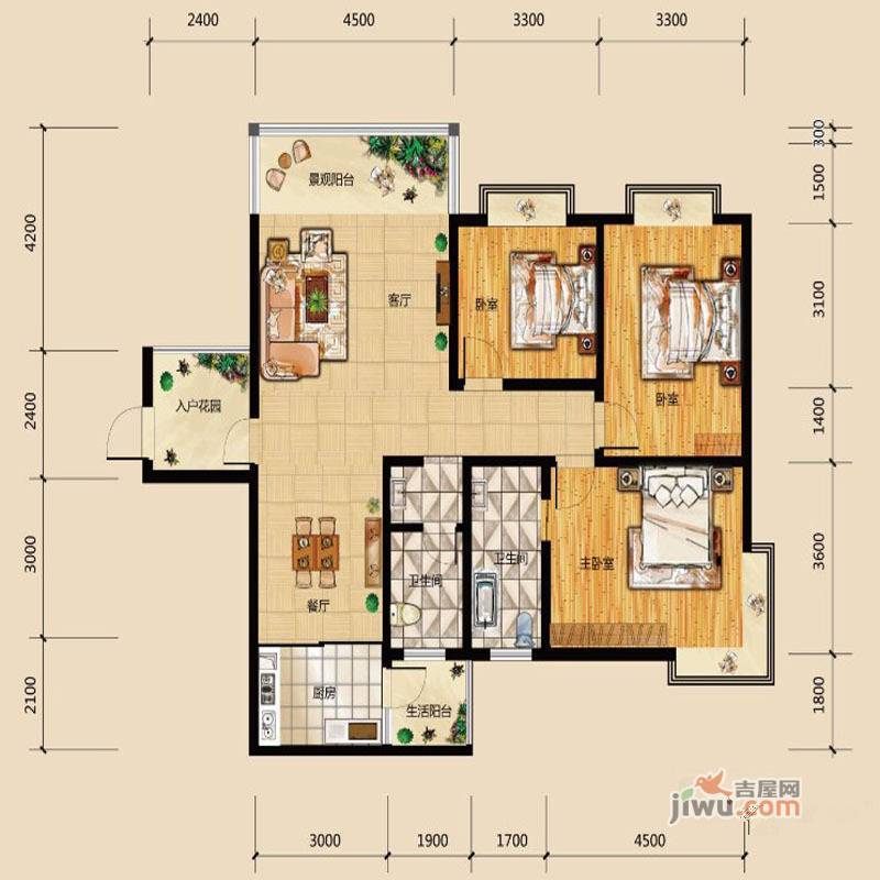 华府龙苑3室2厅2卫126.6㎡户型图