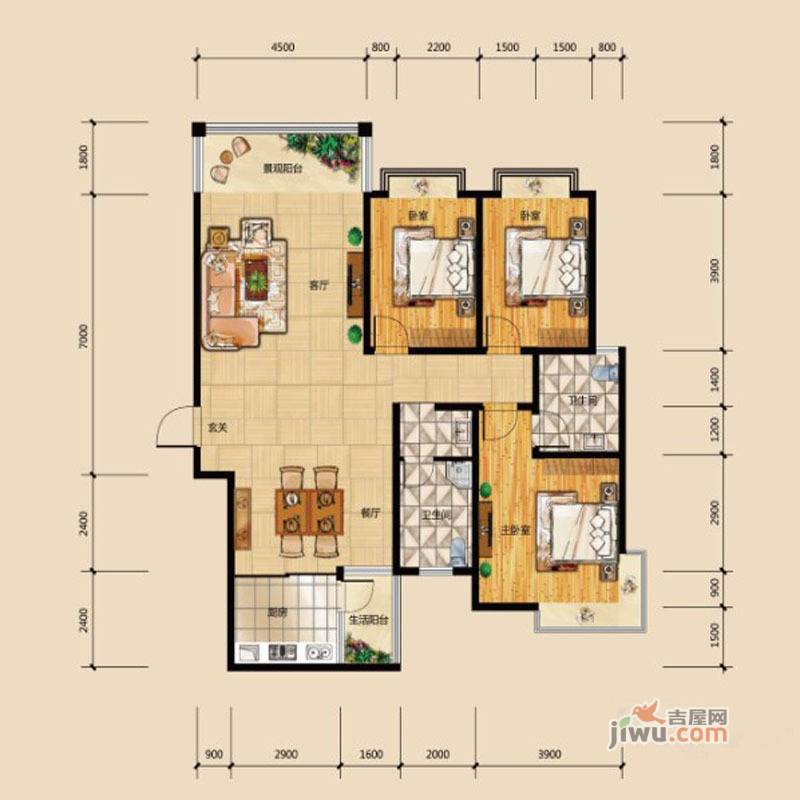 华府龙苑3室2厅2卫140.4㎡户型图