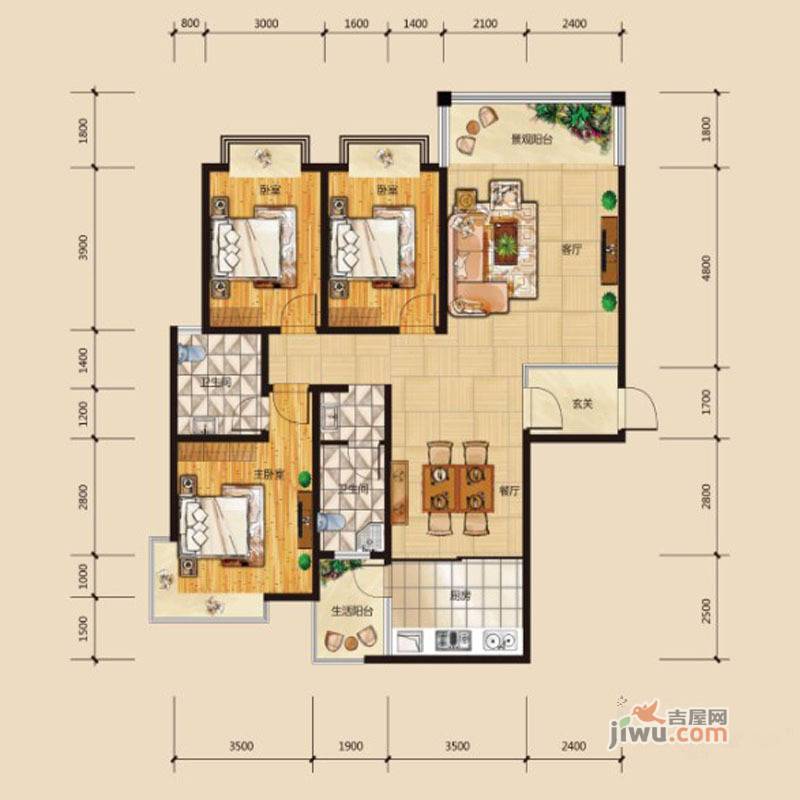 华府龙苑3室2厅2卫136.5㎡户型图