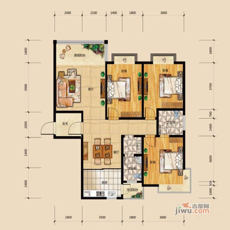 华府龙苑3室2厅2卫131.2㎡户型图