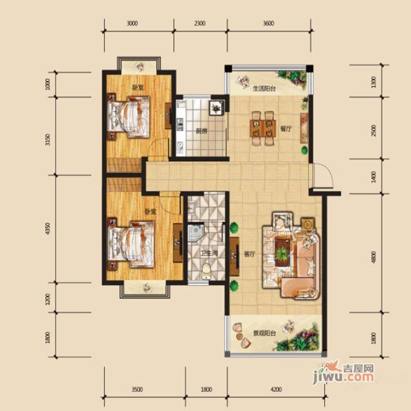 华府龙苑2室2厅1卫106.6㎡户型图