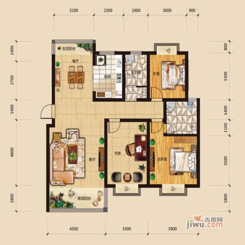 华府龙苑3室2厅2卫133.4㎡户型图