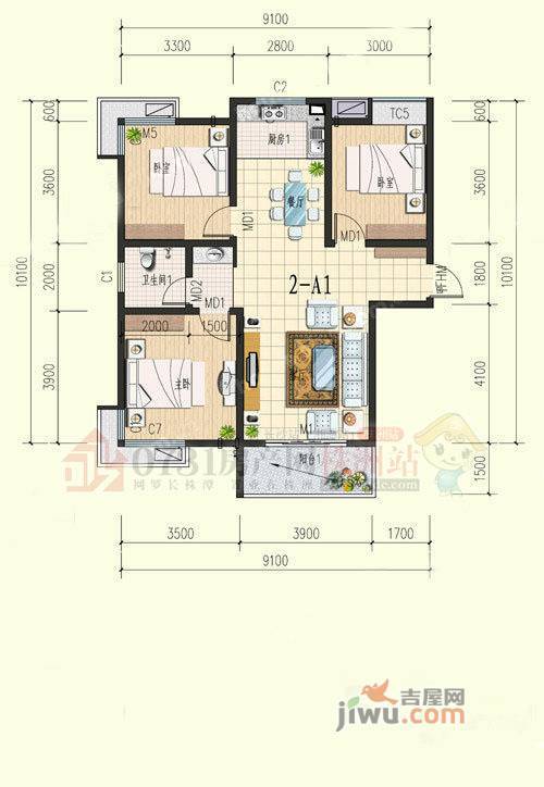 高科蓝筹公寓3室2厅1卫113㎡户型图