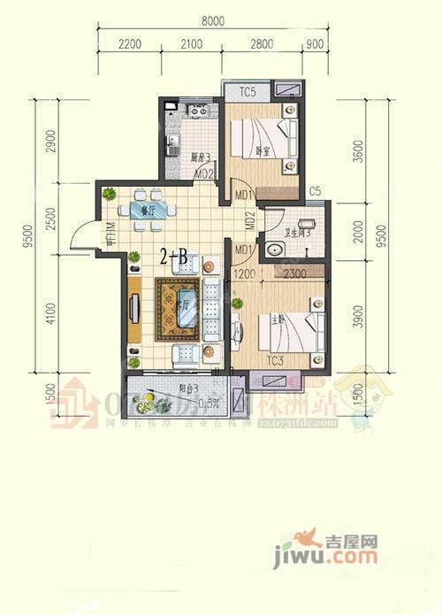 高科蓝筹公寓2室2厅1卫88.2㎡户型图