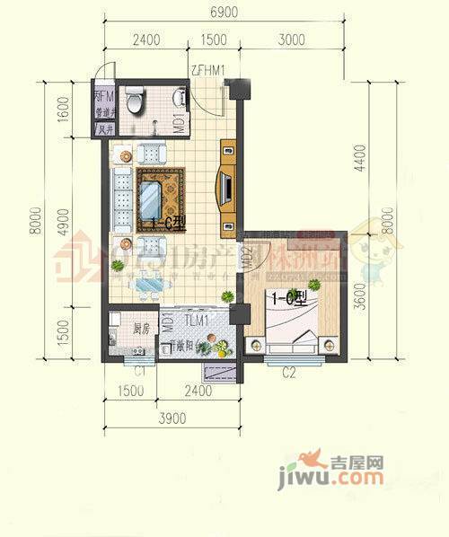 高科蓝筹公寓1室1厅1卫61.7㎡户型图