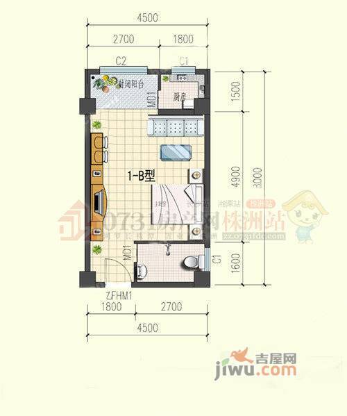 高科蓝筹公寓1室0厅1卫49.4㎡户型图