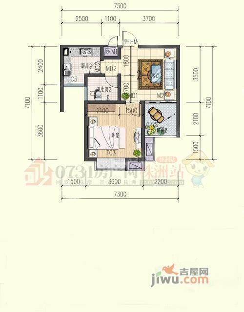 高科蓝筹公寓1室1厅1卫50.6㎡户型图