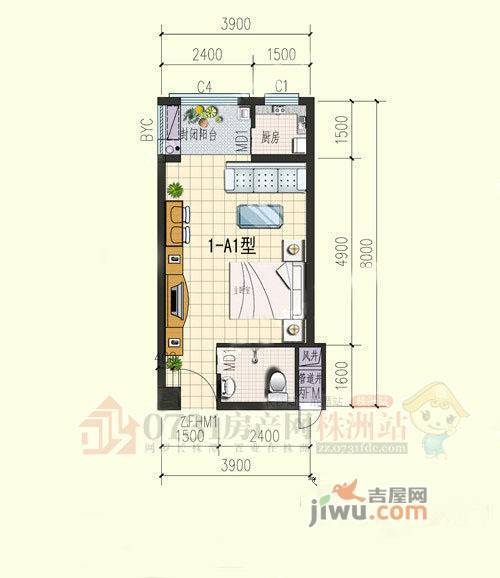 高科蓝筹公寓1室0厅1卫42.2㎡户型图