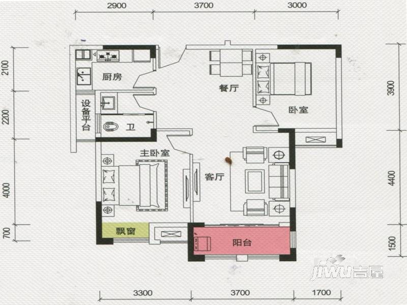 凯风瓏城2室2厅1卫81.2㎡户型图