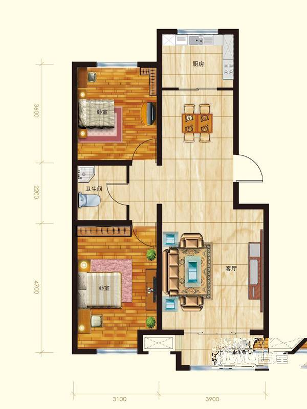 阳光心屿2室2厅1卫93.7㎡户型图