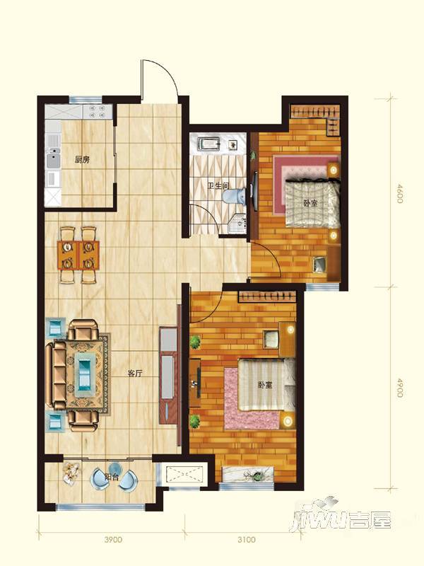 阳光心屿2室2厅1卫92㎡户型图