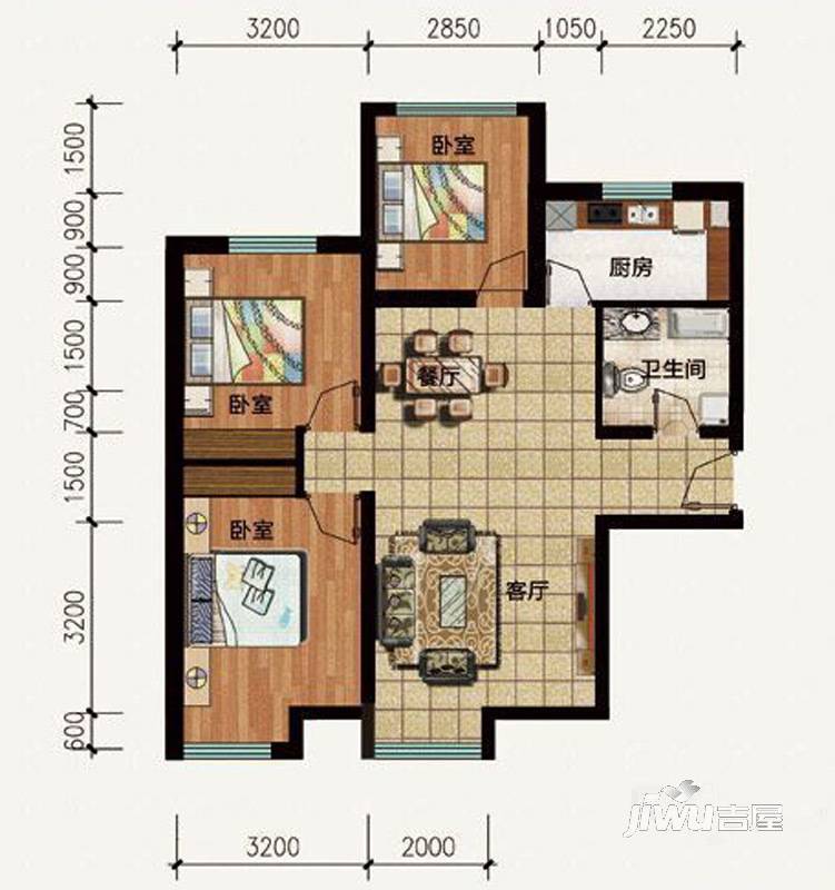 方正英郡二期3室2厅1卫93.2㎡户型图