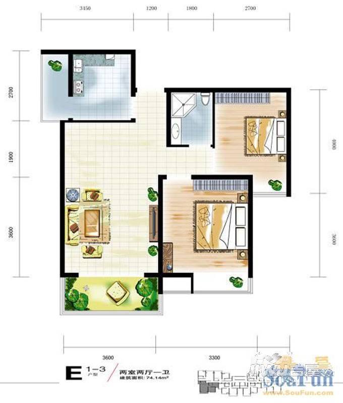 中宏新界2室2厅1卫74.1㎡户型图