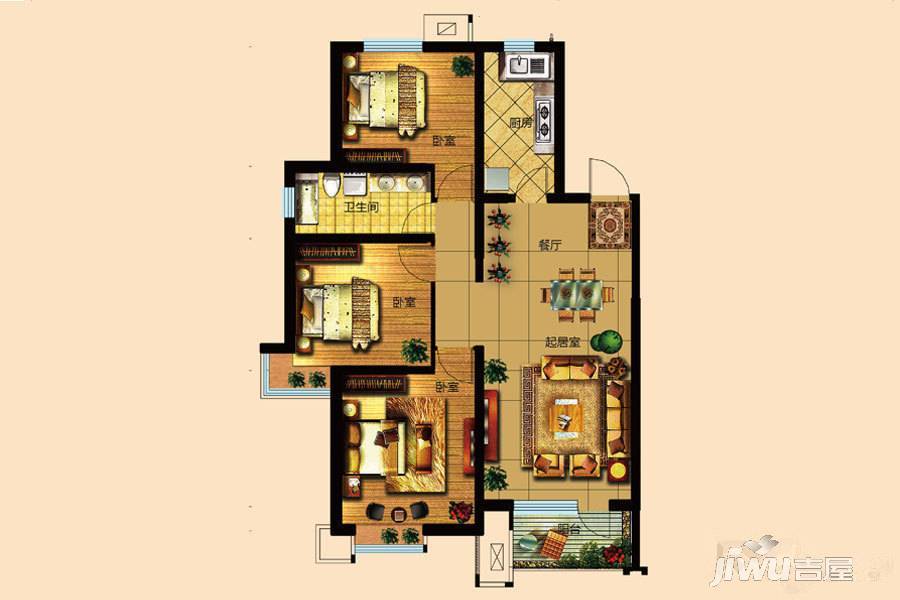 华府庄园3室2厅1卫114㎡户型图