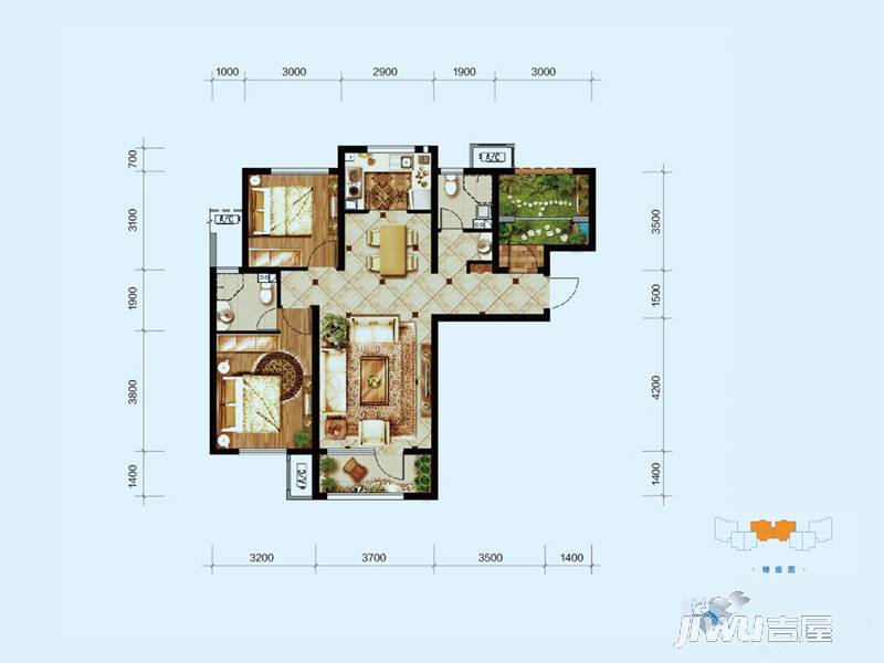 大运河孔雀城英国宫2室2厅2卫98㎡户型图