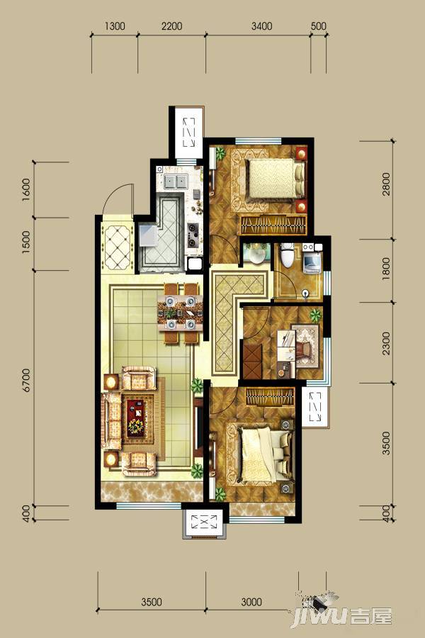 燕郊孔雀城3室2厅1卫88㎡户型图