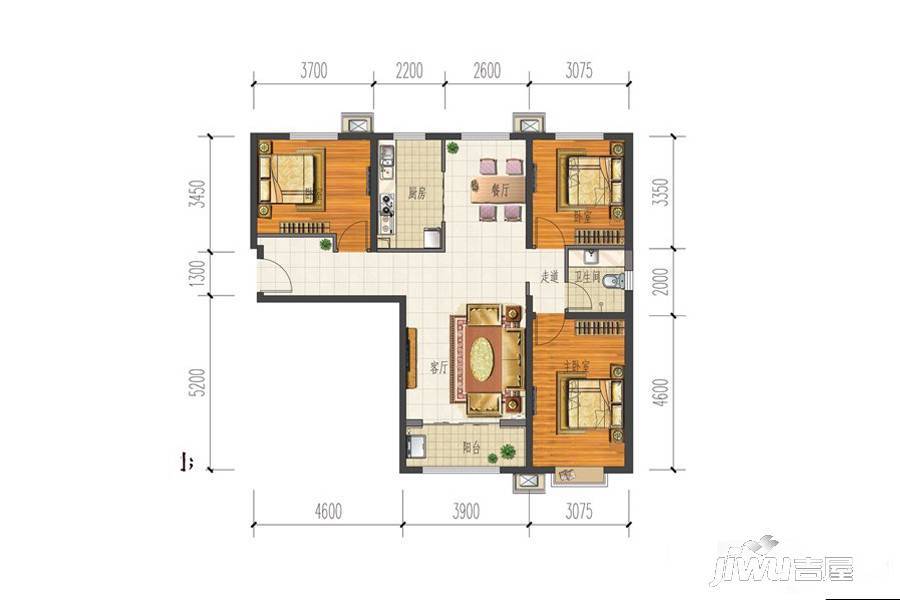 上上城理想新城3室2厅1卫115㎡户型图