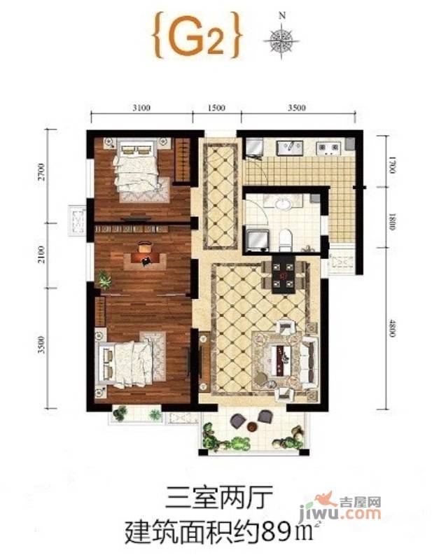 上上城理想新城3室2厅1卫89㎡户型图