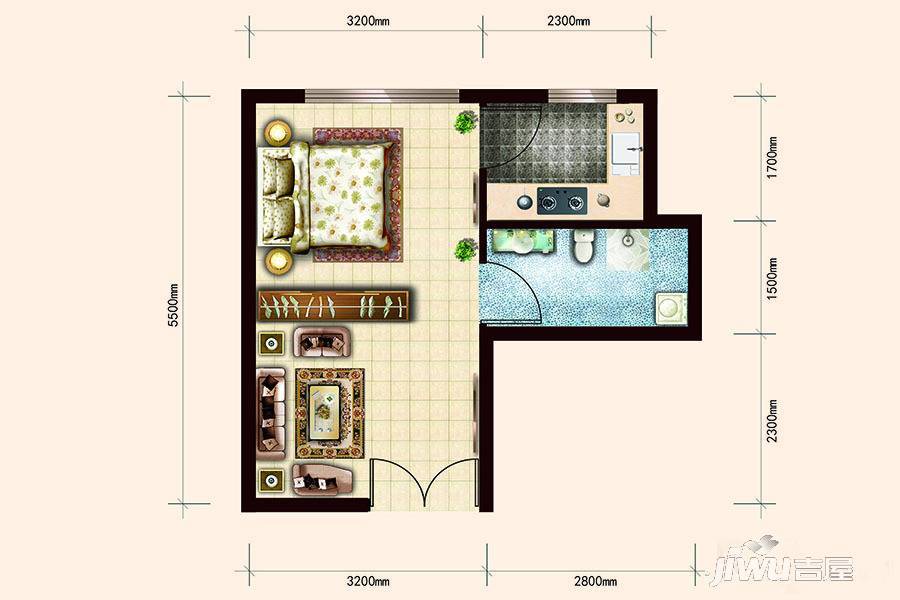 汇福悦榕湾1室1厅1卫36.2㎡户型图