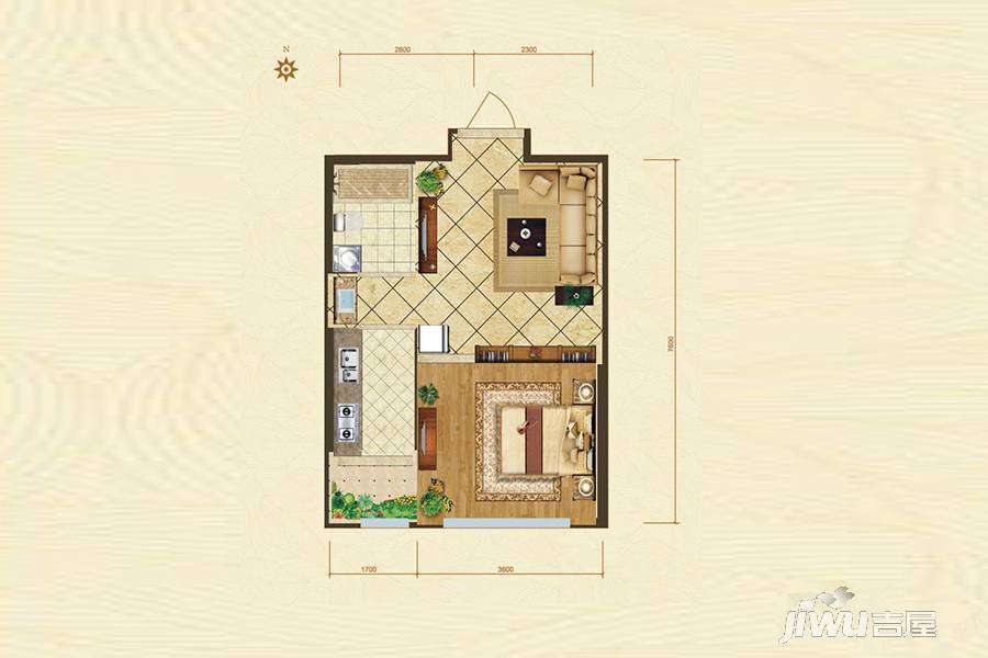 黄金蓝湾1室1厅1卫51.1㎡户型图