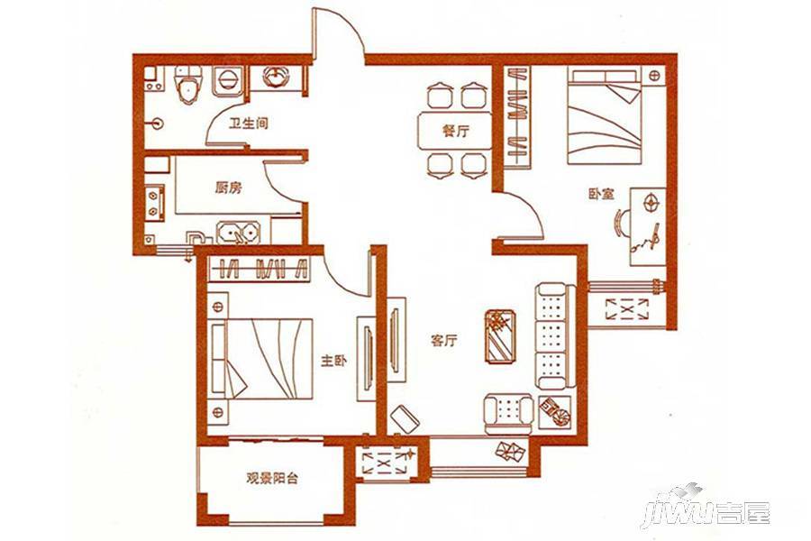 诗锦苑2室2厅1卫89㎡户型图