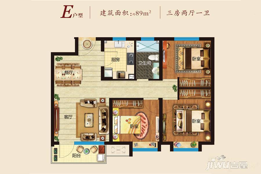 京畿檀宫3室2厅1卫89㎡户型图