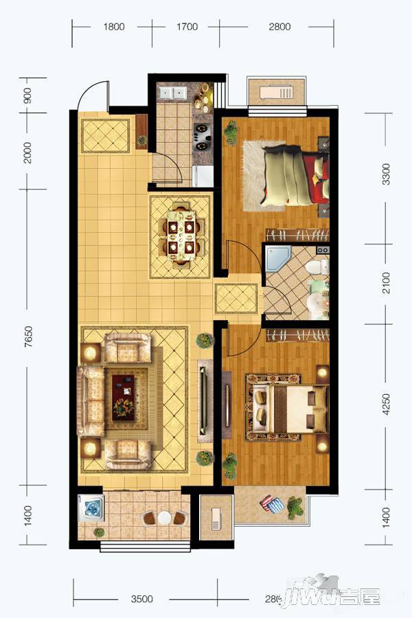 卓立·温泉家园2室2厅1卫90㎡户型图