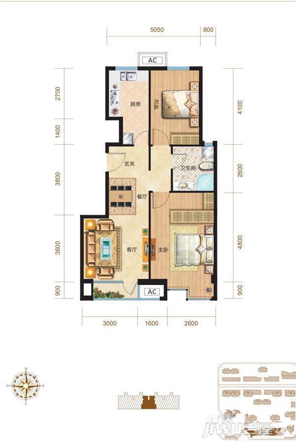 上善颐园2室2厅1卫107㎡户型图