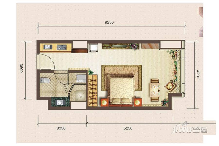 廊坊新世界中心1室1厅1卫51.4㎡户型图