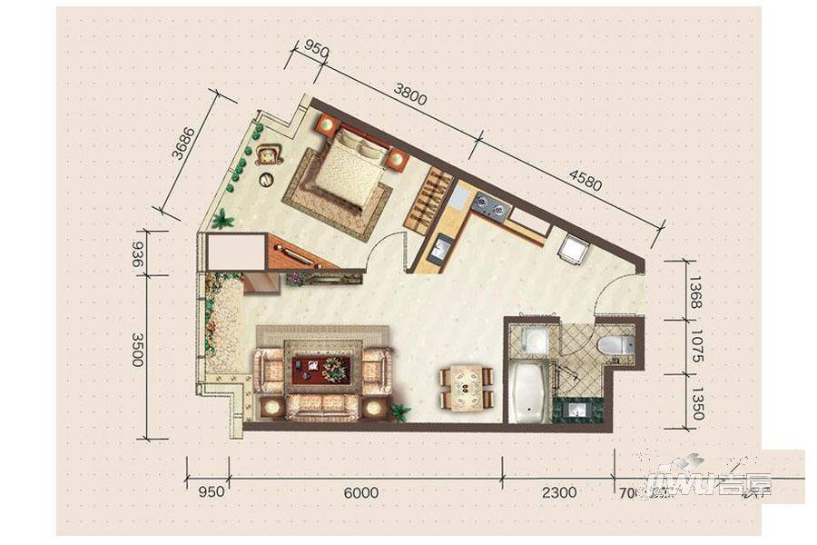 廊坊新世界中心1室1厅1卫74.6㎡户型图