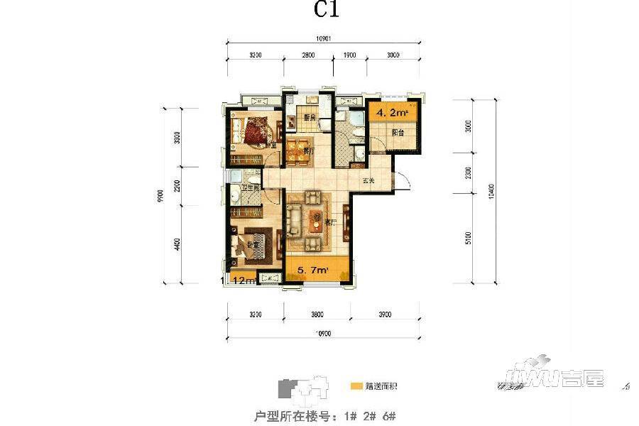 潮白河孔雀城盛景澜湾2室2厅2卫97㎡户型图