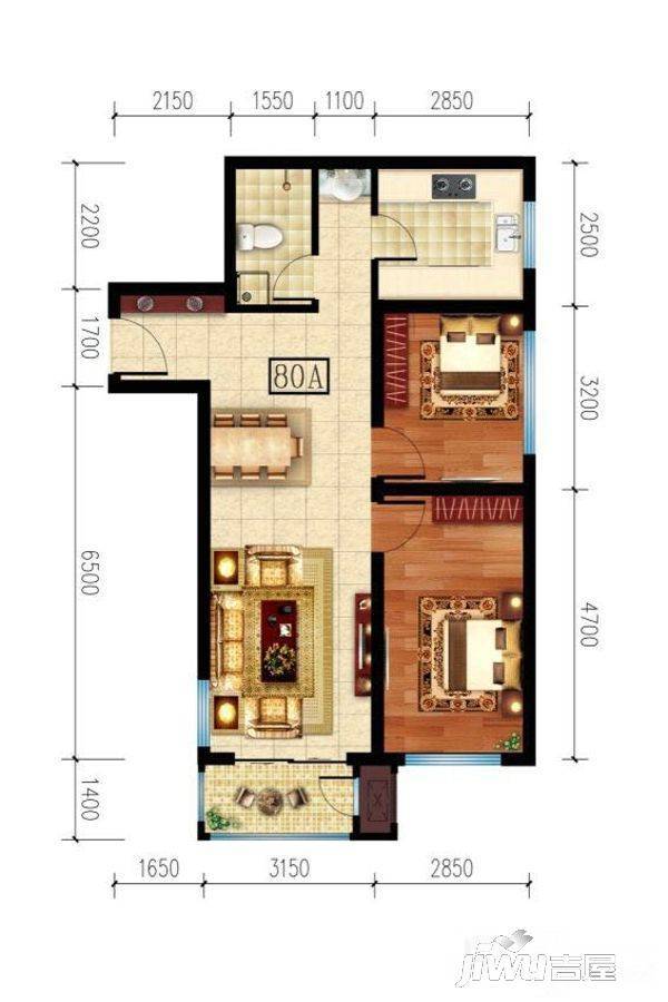 学府锦园2室2厅2卫80㎡户型图