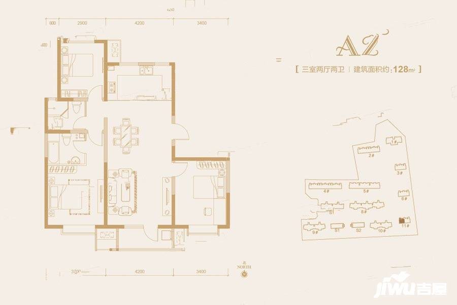 京和园3室2厅2卫128㎡户型图